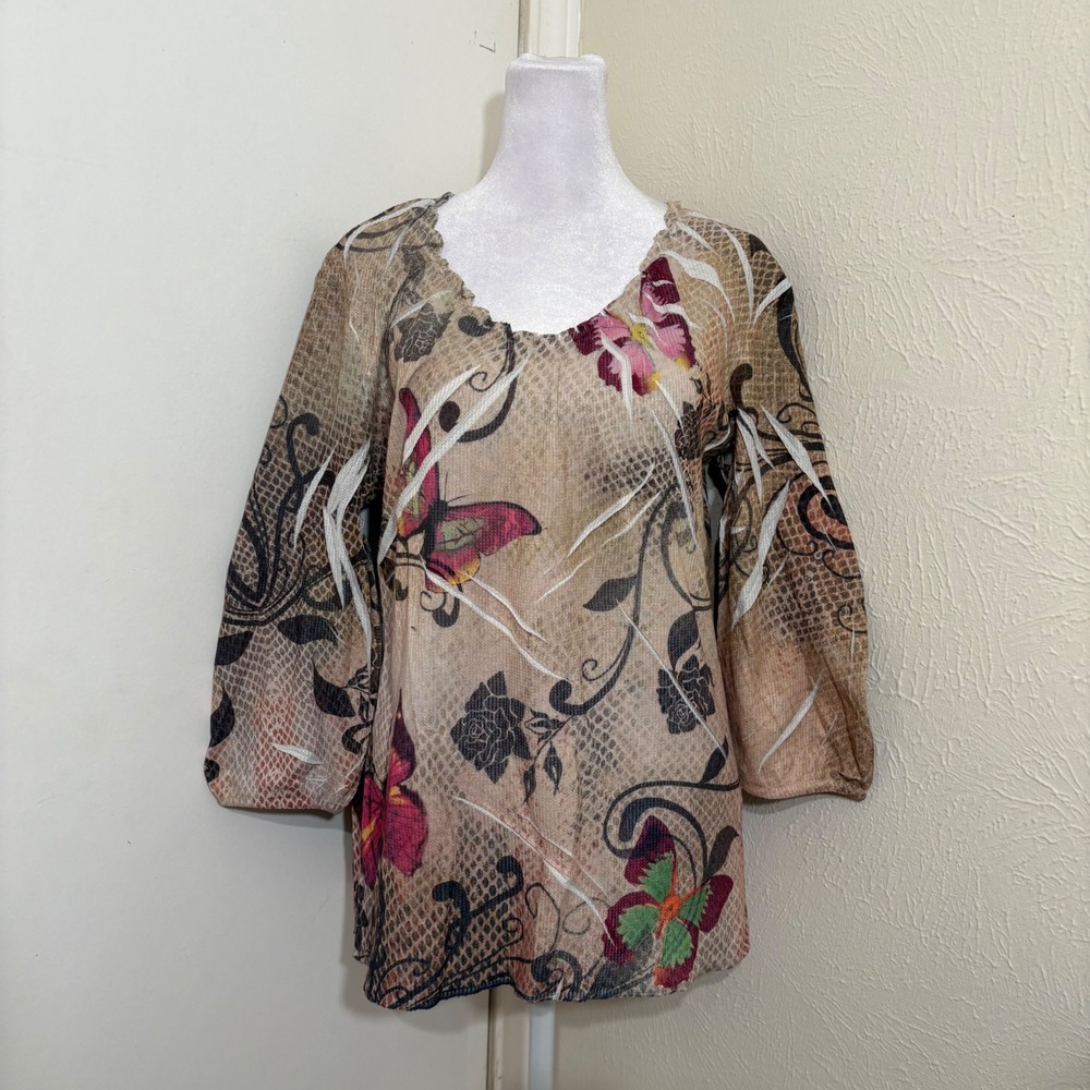 Cream Pink Butterfly Snakeskin Print Whimsical Fairycore Y2K Scoop Neck Top Sz L